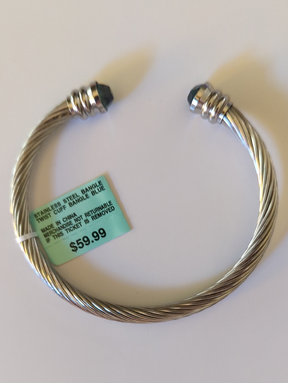 Stainless Steel Twist Cuff Bangle with Blue Ends - Women Jewelry
